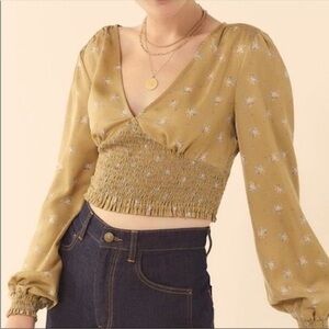 Urban Outfitters Khaki Green Floral V Neck Gathered Bodice Crop Top Small